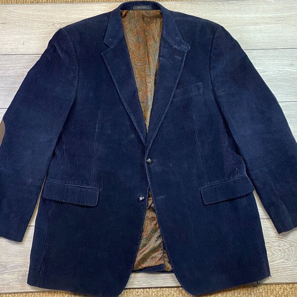 Lauren Ralph Lauren Blue Corduroy Blazer Jacket 44L Cotton Elbow Patches